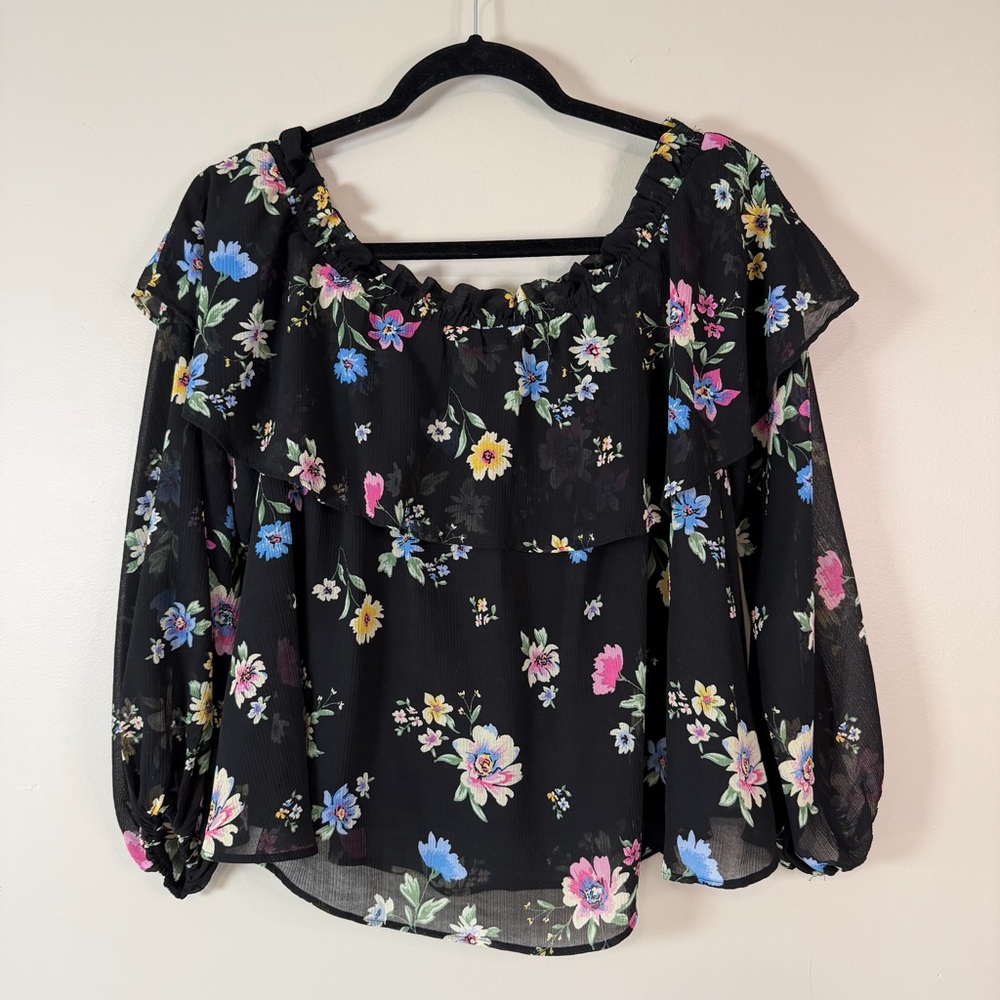 H&M Women’s Small Ruffled Sheer Sleeve Fairy Floral Whimsygoth Square Neck Top